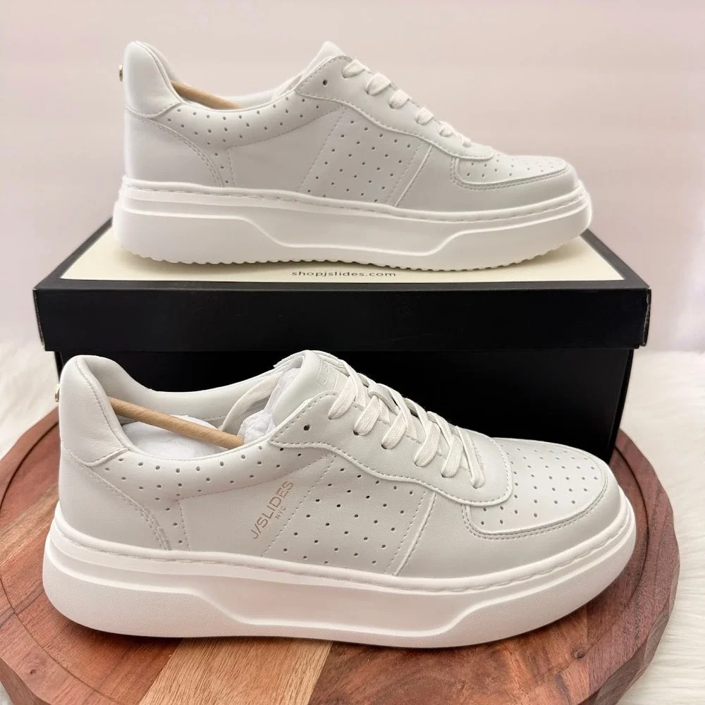 J/Slides NYC Fiona White off Luxe Leather Platform Sneakers Size 8.5 NEW Box